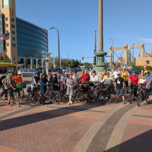 A group of people with bikes ready for a group ride in Downtown Minneapolis